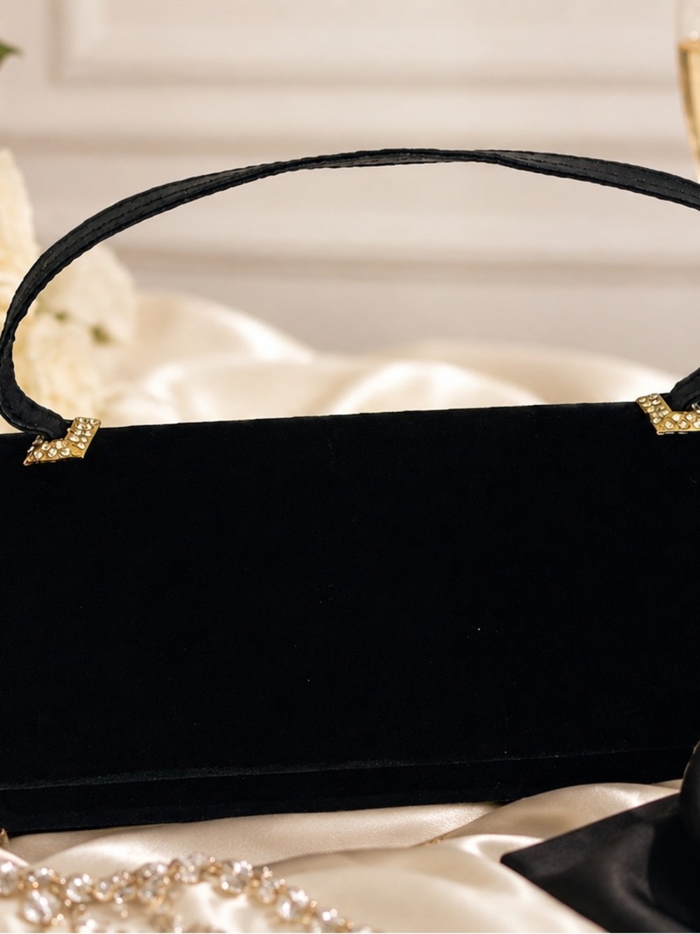 Black Velvet Evening Handbag with Gold Accents